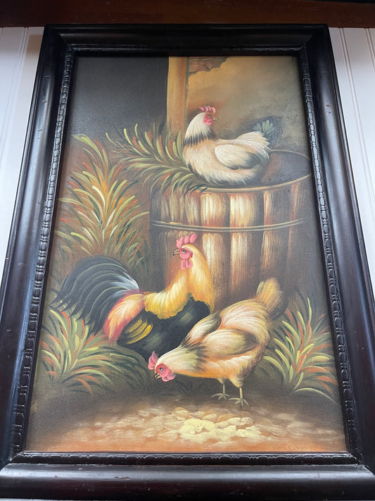 Framed Hand-Painted Farmhouse Chicken Art – 30x20 Rustic Rooster & Hen Scene
